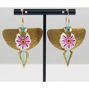 Vtg 90s Laurel Burch Spirit Of Womankind Earrings Hoops Hand-Painted Flower 1993